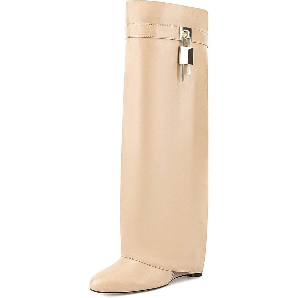 Women's Beige Pointy- Pull Fold Over Wedge Knee Side Zipper Padlock Boot Heel - Picture 4 of 5